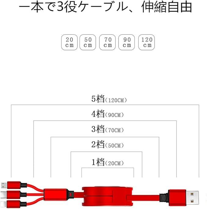 最新バージョン ライトニングケーブル 巻き取り 七色選択 1.2m 延長コード 五段階調節 iPhone/Micro USB/Type-C 対応 iPhone 3A急速充電 高速データ転送 & Android Micro USB Type-C 同時給電可