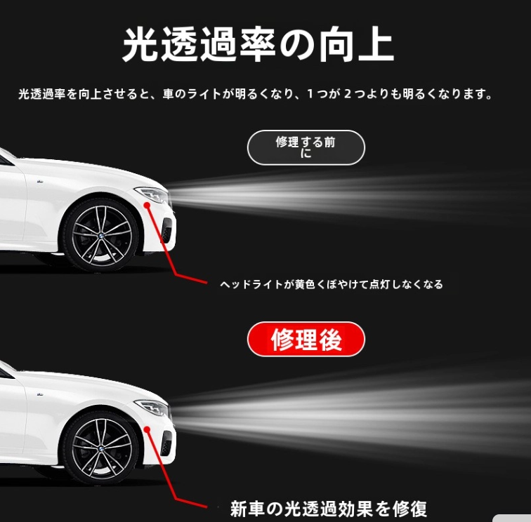 車用ヘッドライト修復剤|フロントライトリフレッシュツール、ヘッドライト研磨・修復クリーム、明るさを取り戻す