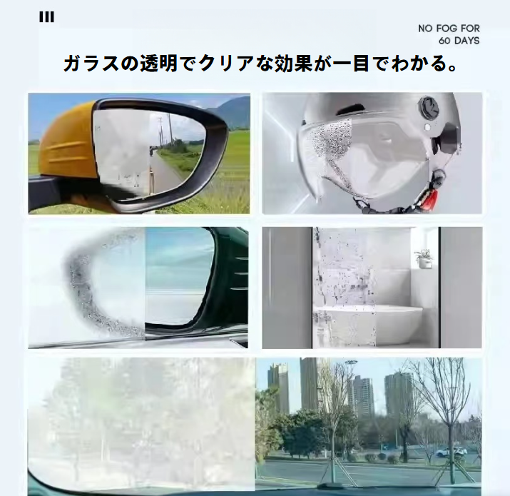 Clear glass anti-fog coating agent for cars | Anti-fog and de-fog agent for helmet shields, windshields, and side mirrors.