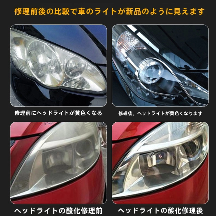車用ヘッドライト修復剤|フロントライトリフレッシュツール、ヘッドライト研磨・修復クリーム、明るさを取り戻す