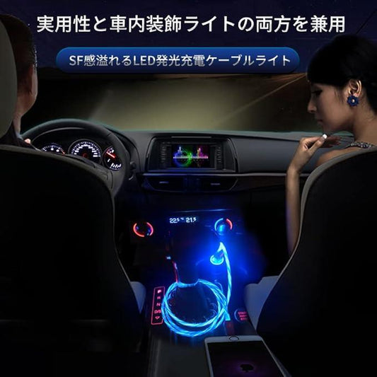 車内USB充電ケーブルライト 車内デコレーションライト LED発光ケーブルライト 超高輝度 一本三役 3in1 高耐久性 柔軟性 完全防水 急速充電 (三色、混色)