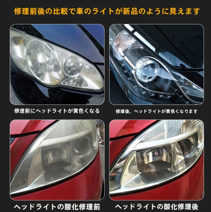 車用ヘッドライト修復剤｜フロントライトリフレッシュツール、ヘッドライト研磨・修復クリーム、明るさを取り戻す